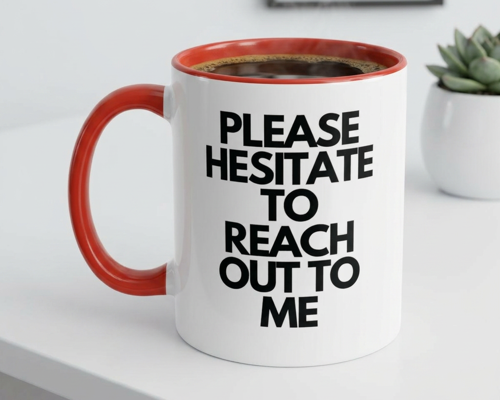 White mug with red handle and text 'PLEASE HESITATE TO REACH OUT TO ME' on a white surface.