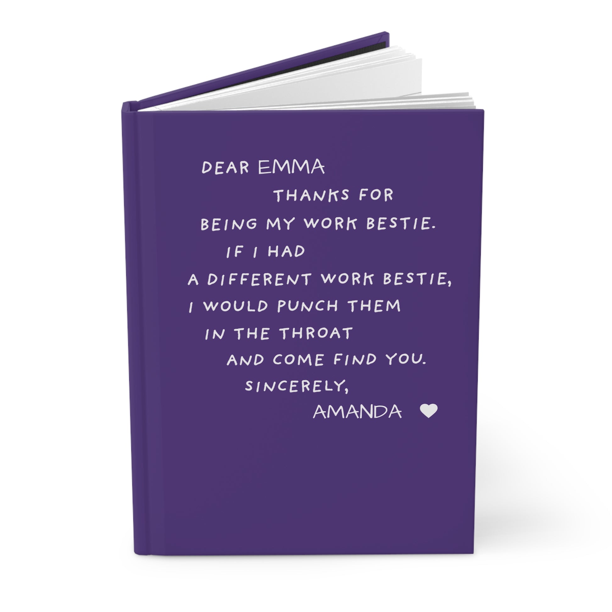 Purple notebook with humorous message on a white background