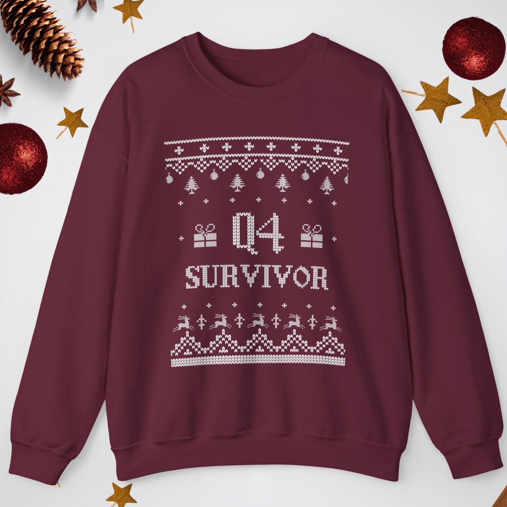 Maroon sweatshirt with 'Q4 Survivor' text and Christmas-themed design on a white background with festive decorations.