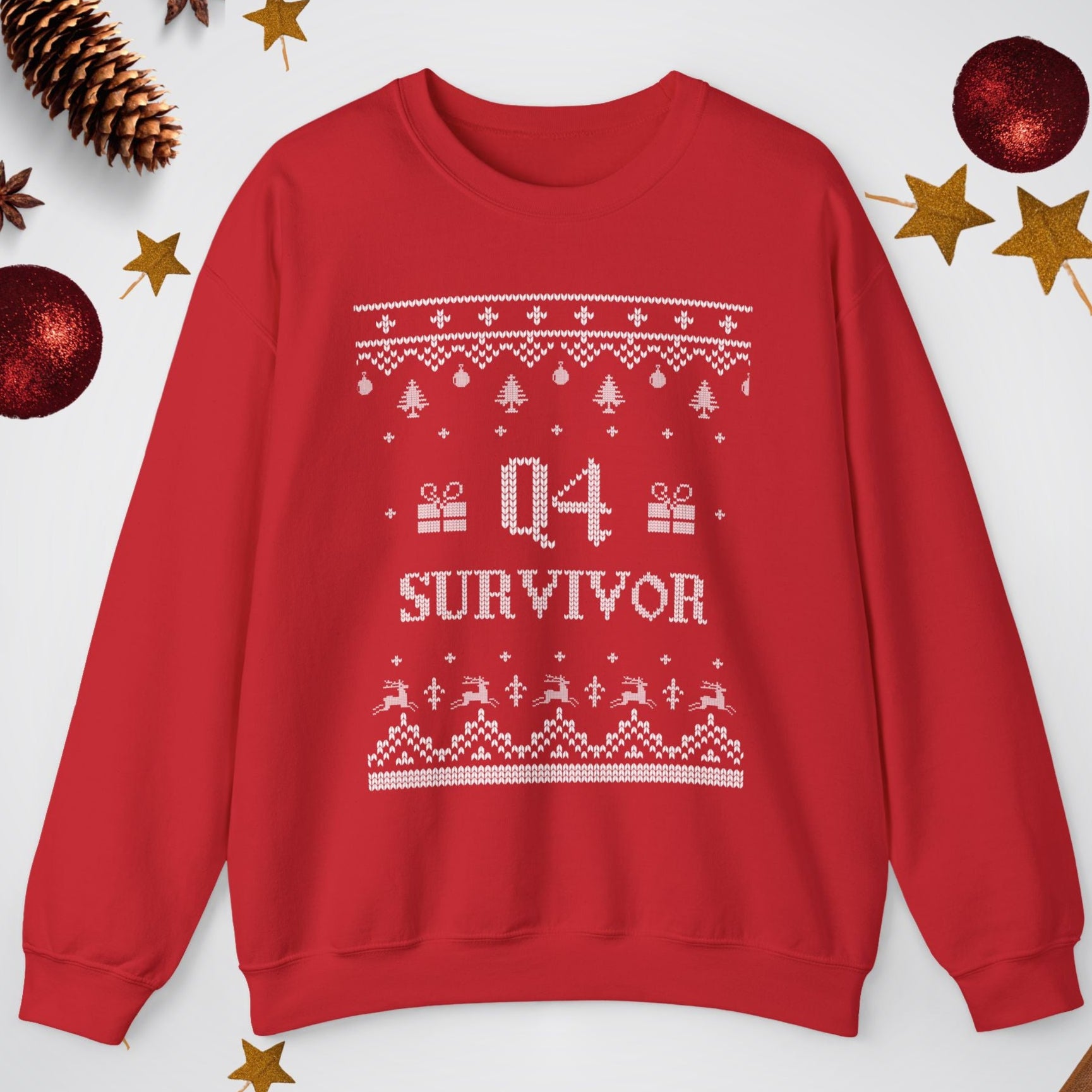 Red sweatshirt with 'Q4 Survivor' text on a white background with Christmas decorations.