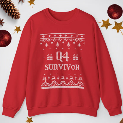 Red sweatshirt with 'Q4 Survivor' text on a white background with Christmas decorations.