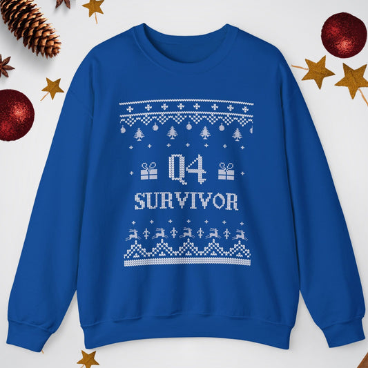 Blue sweatshirt with 'Q4 Survivor' text on a white background with Christmas decorations.
