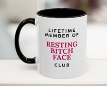 11oz black coffee mug with sarcastic quote: Lifetime Member of the Resting Bitch Face Club – funny office gift