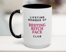15 oz black coffee mug with text: Lifetime Member of the Resting Bitch Face Club – sarcastic office gift