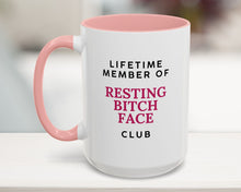 15oz pink coffee mug with text: Lifetime Member of the Resting Bitch Face Club – sarcastic office gift