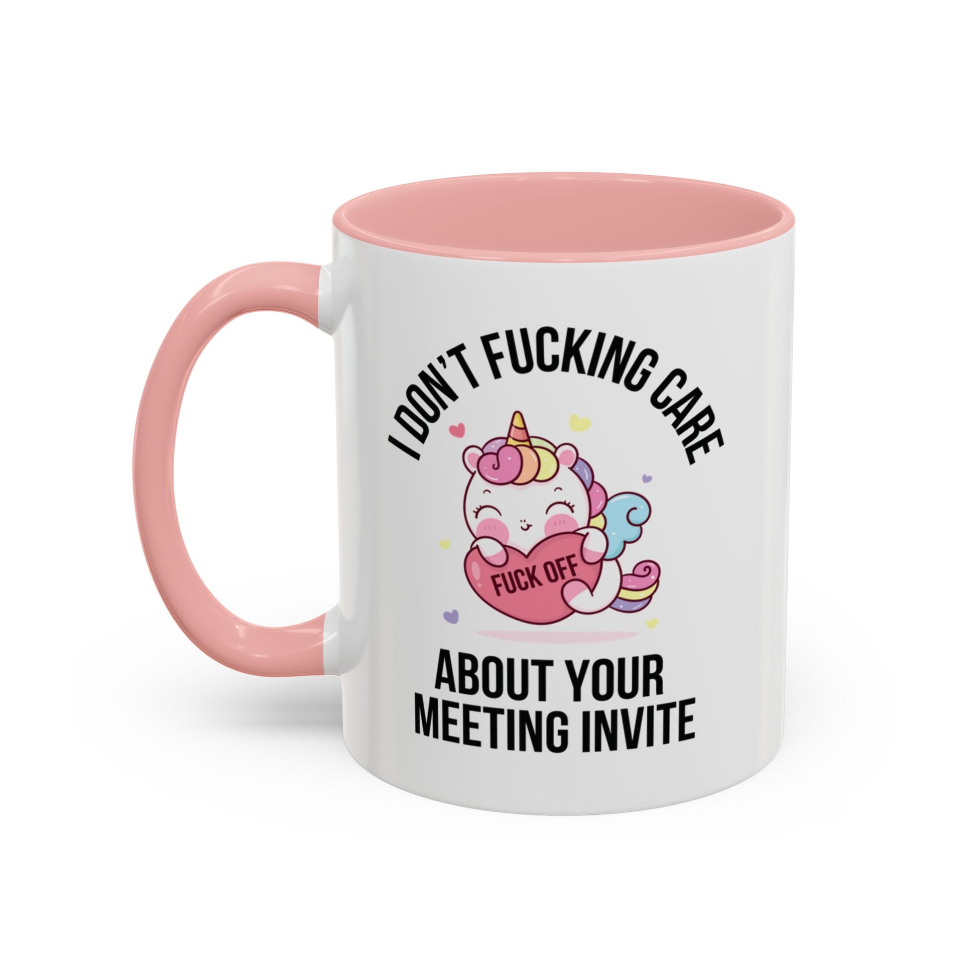 Rude corporate gift mug – sarcastic unicorn saying 'Fuck Off' in pink 11oz version