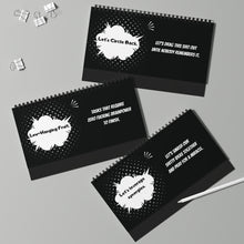 Three black pages with white text and designs on a gray background