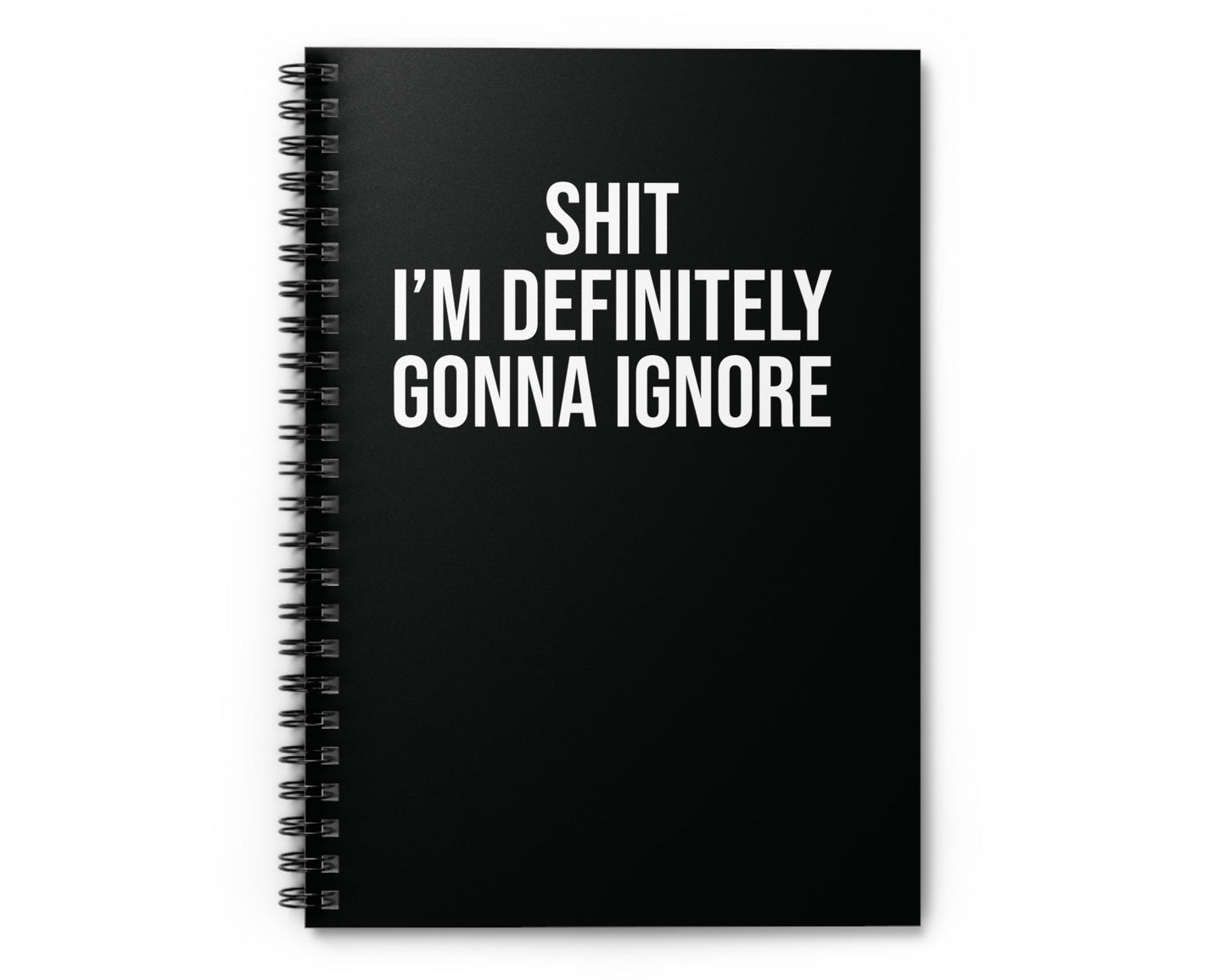 Black spiral-bound notebook with white text on a white background