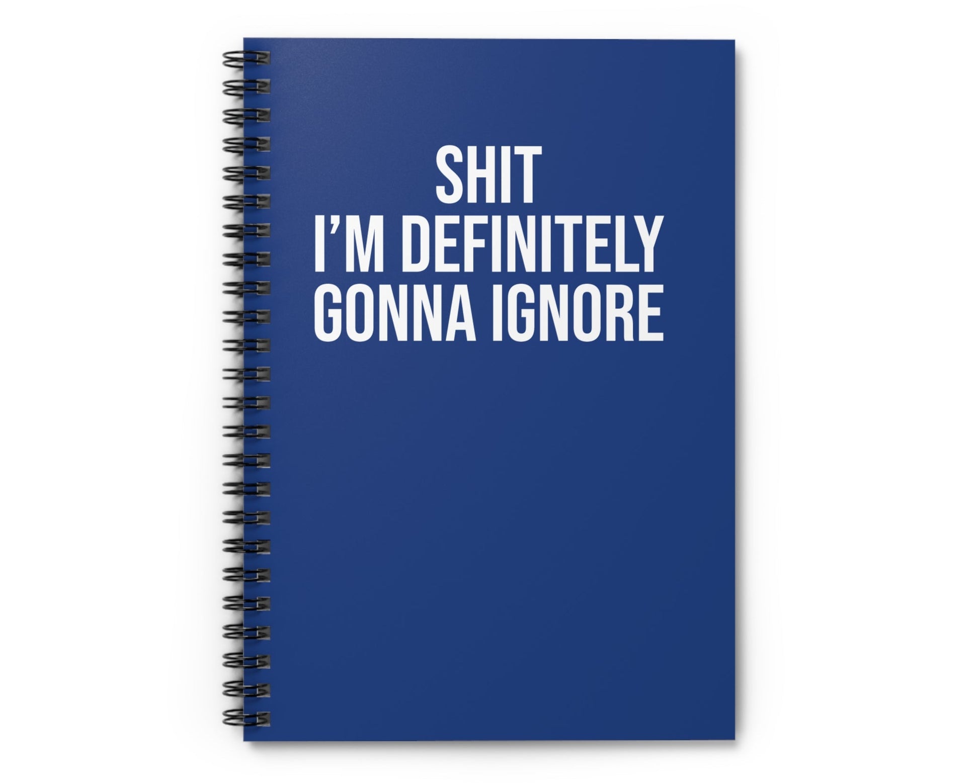 Blue notebook with white text on a white background
