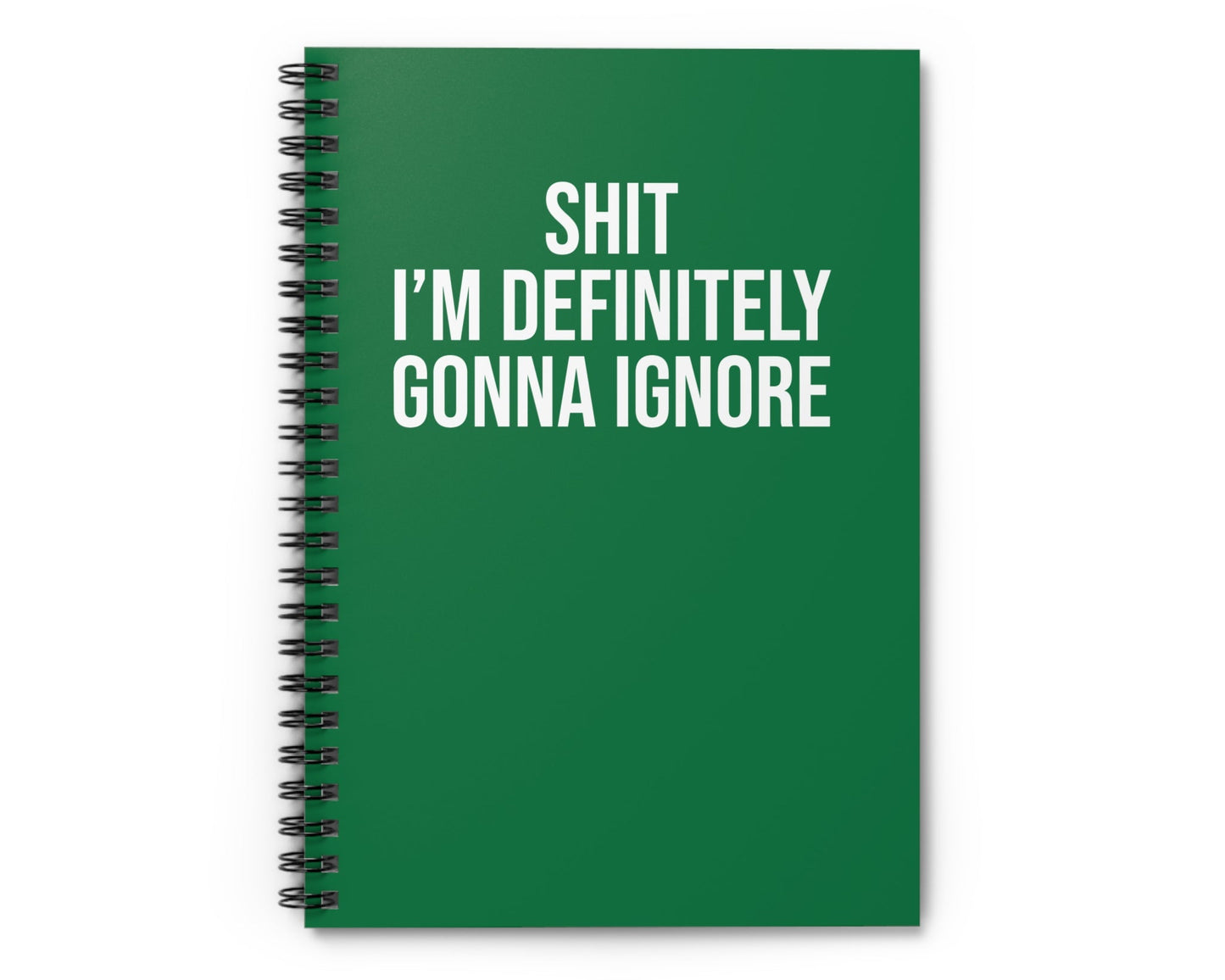 Green notebook with white text on a white background