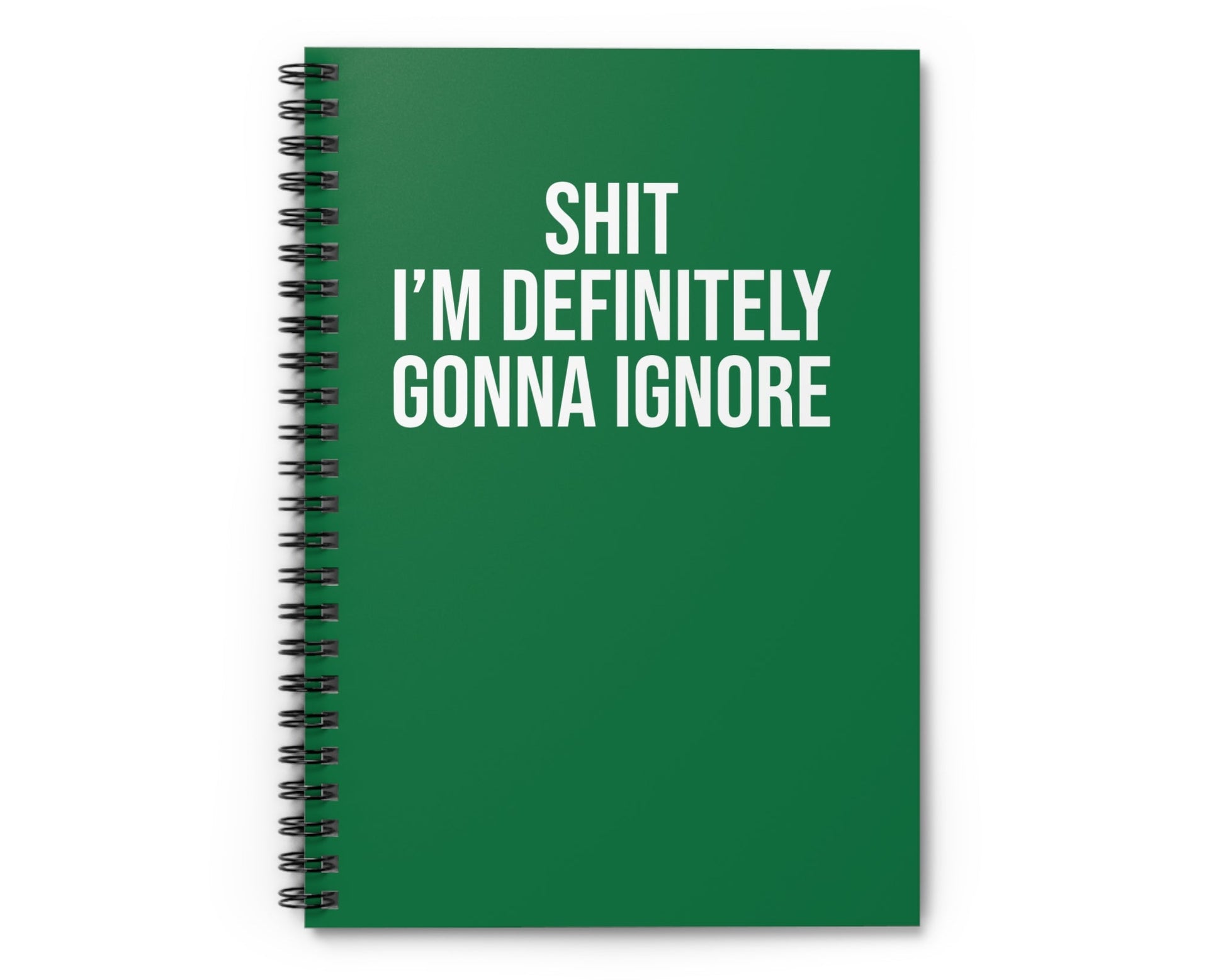 Green notebook with white text on a white background