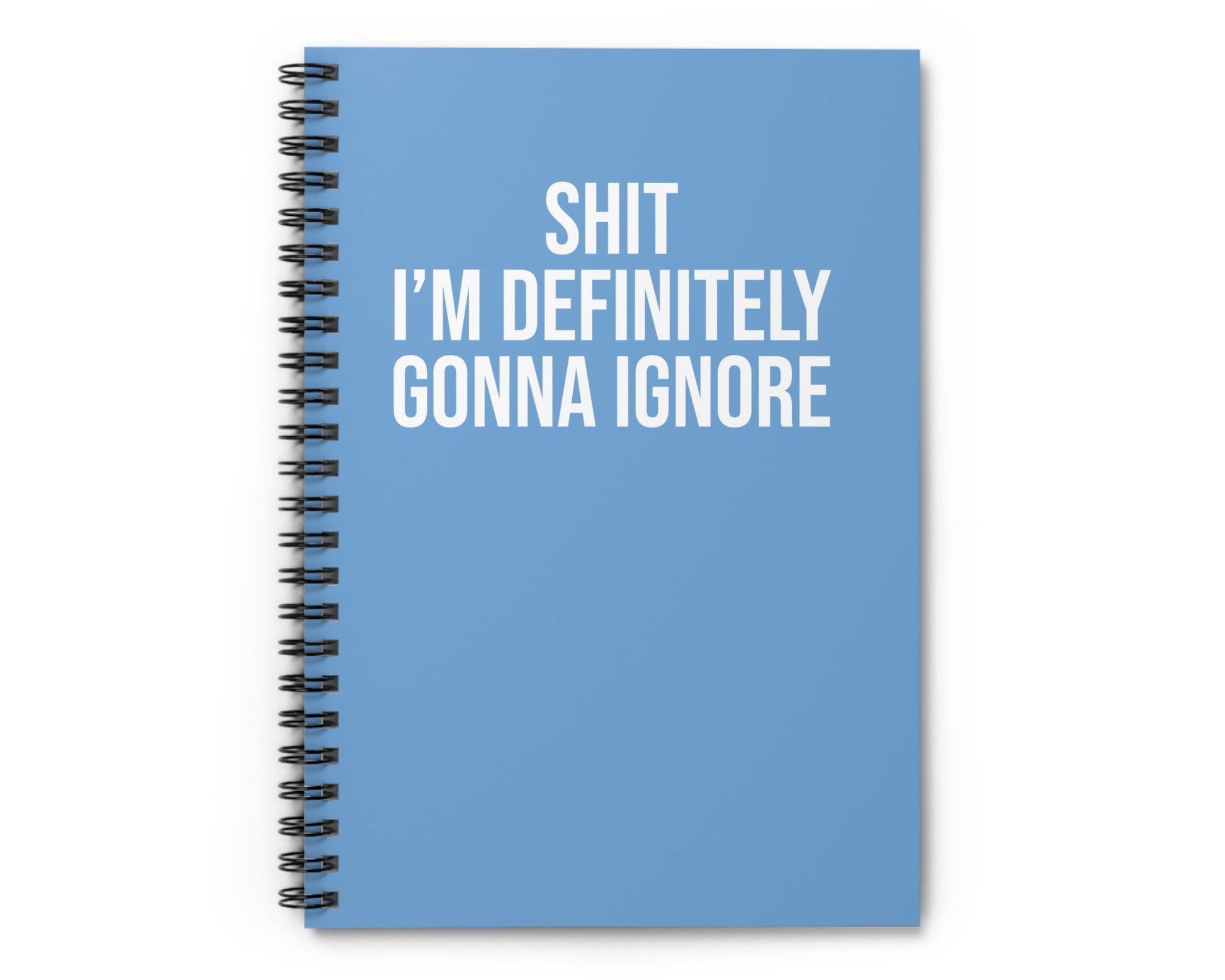 Blue notebook with white text on a white background