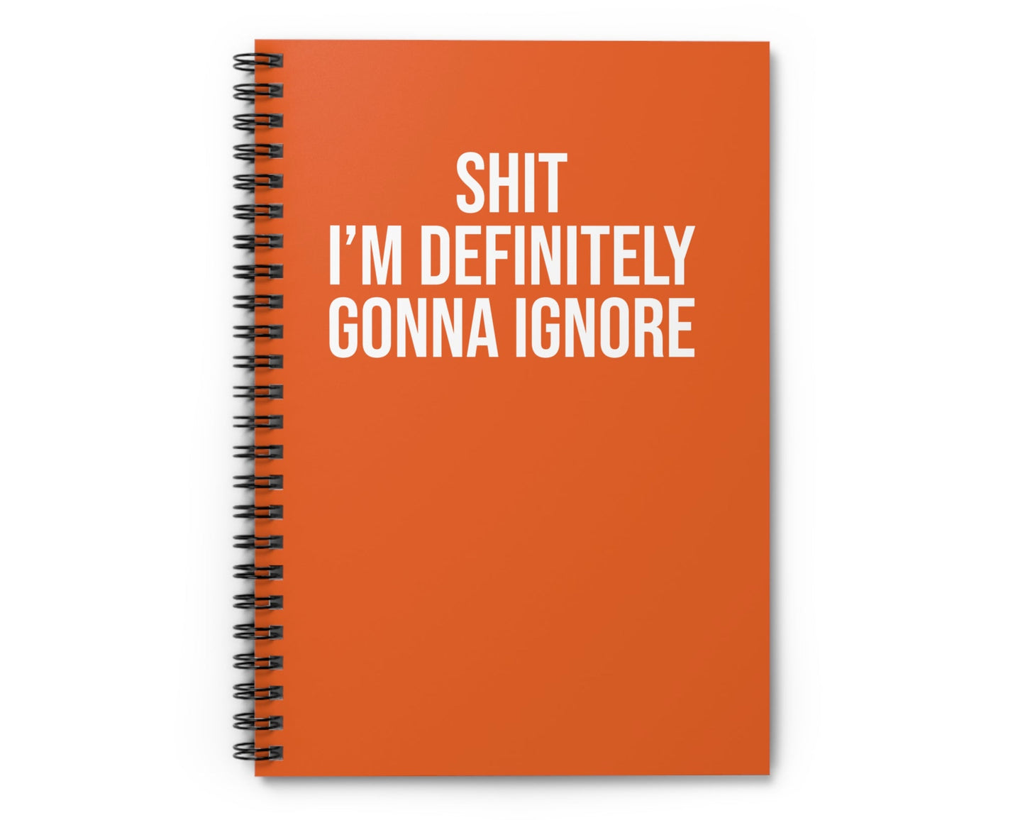 Orange notebook with white text on a white background