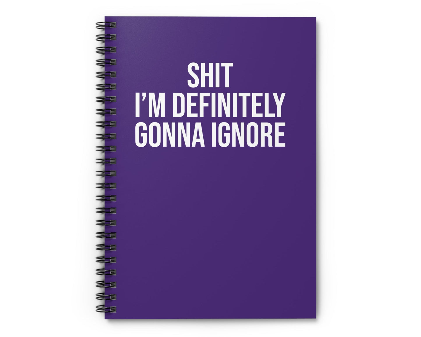 Purple notebook with white text on a white background