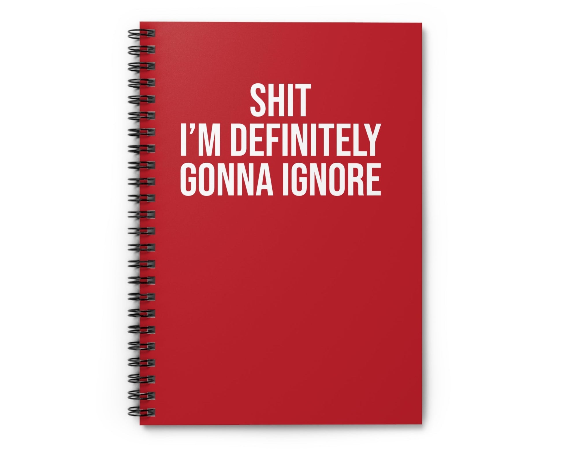 Red notebook with white text on a white background