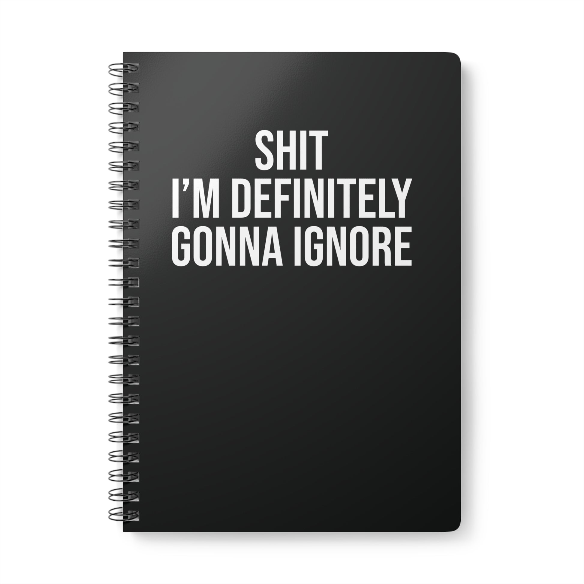 Black spiral-bound notebook with white text on a white background