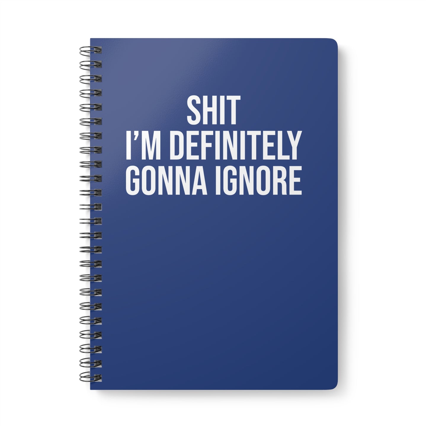 Blue notebook with white text on a white background
