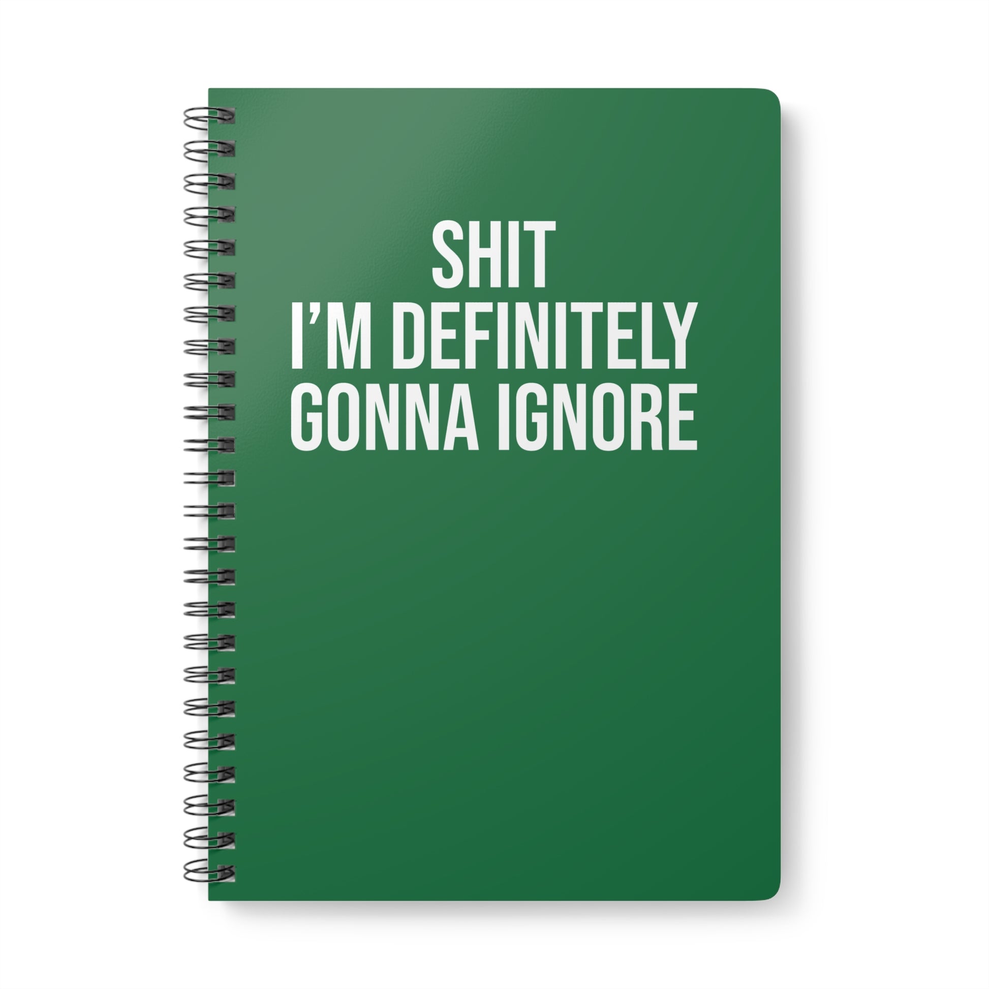 Green notebook with white text on a white background