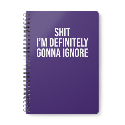 Purple notebook with white text on a white background
