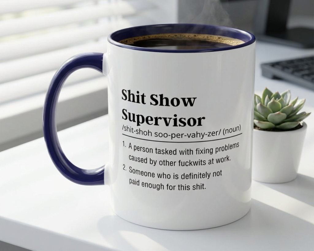 Mug with definition text on a desk with a plant and computer in the background