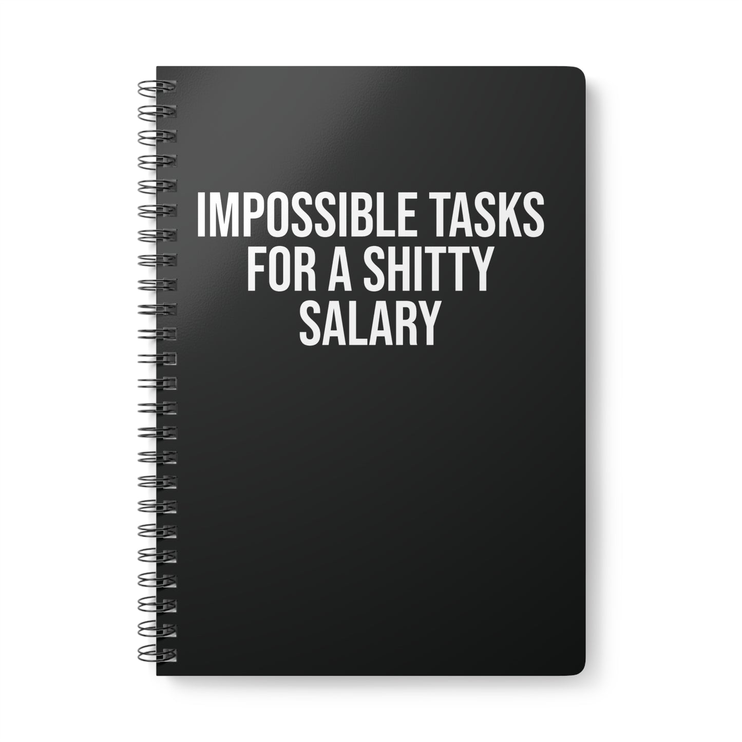 Black spiral-bound notebook with white text on a white background