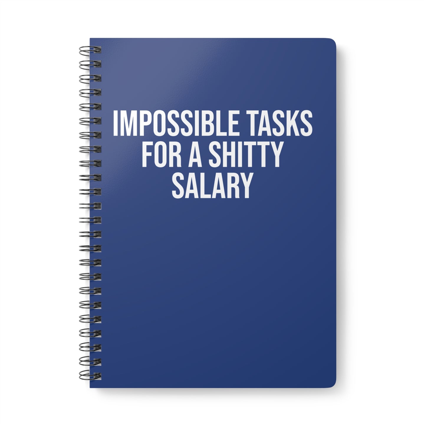 Blue notebook with white text on a white background