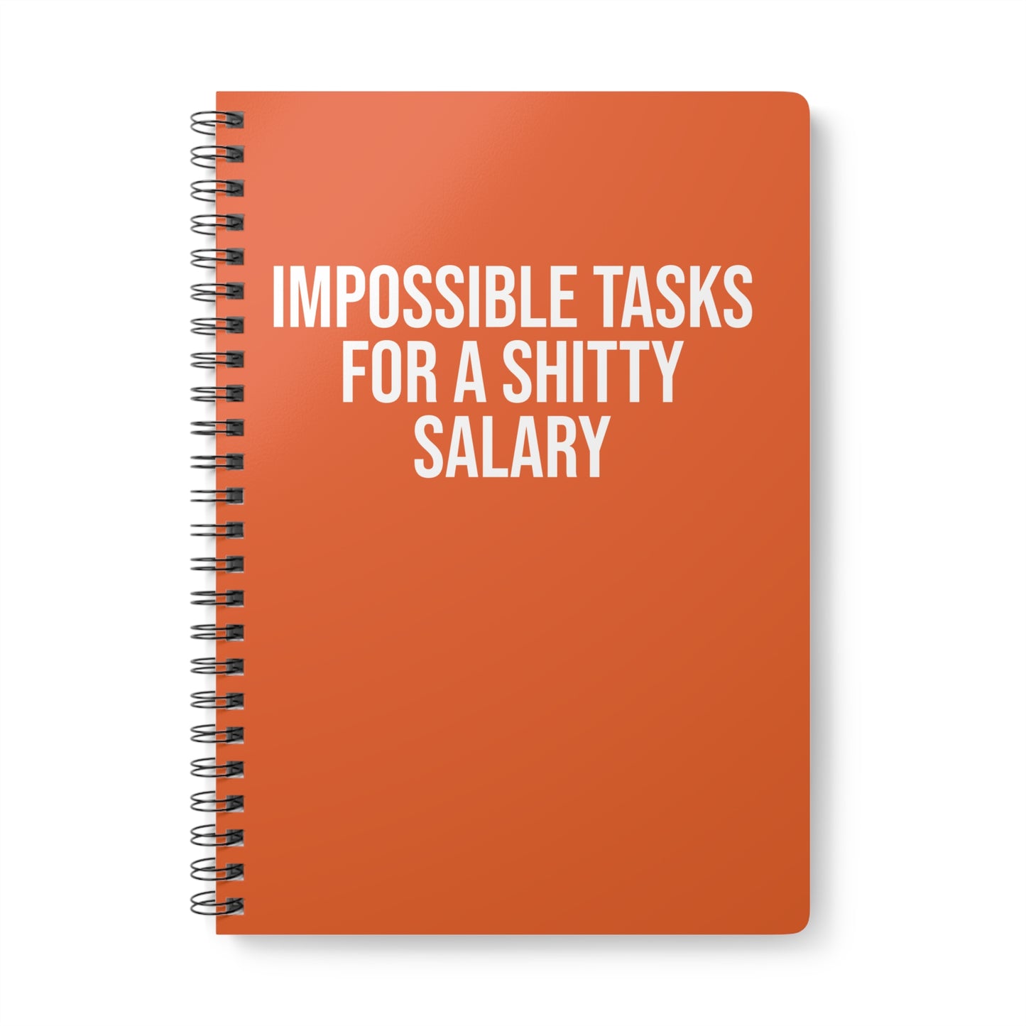 Orange notebook with white text on a white background