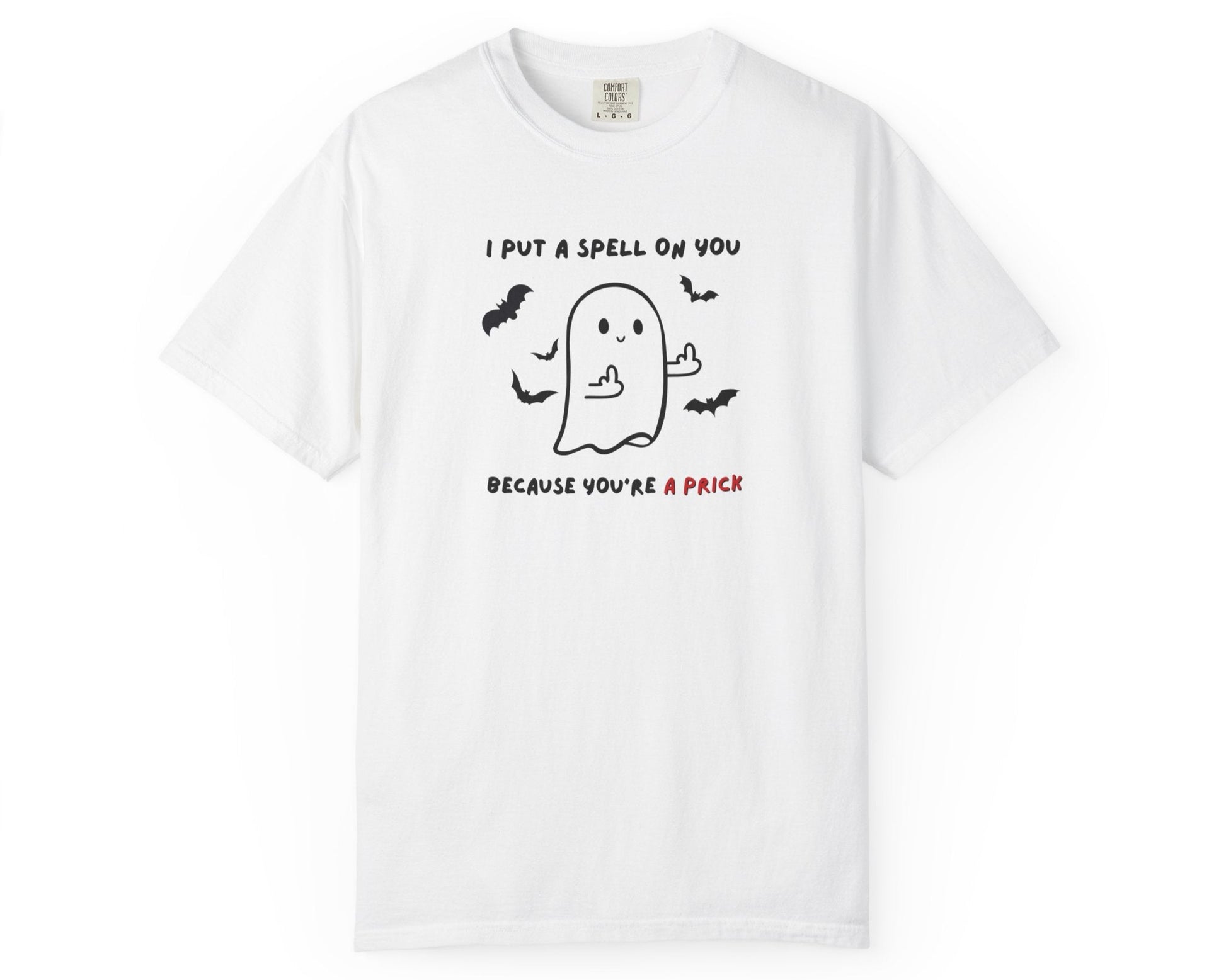 White t-shirt with a ghost graphic and text on a white background