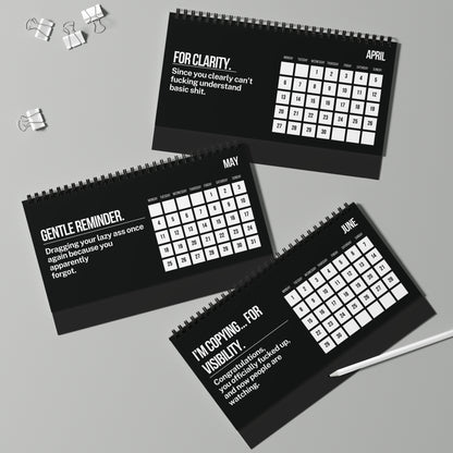 Three black calendars with humorous text on a gray background