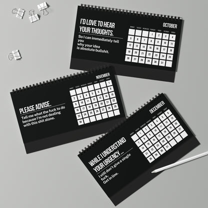 Three black calendars with humorous text on a gray background