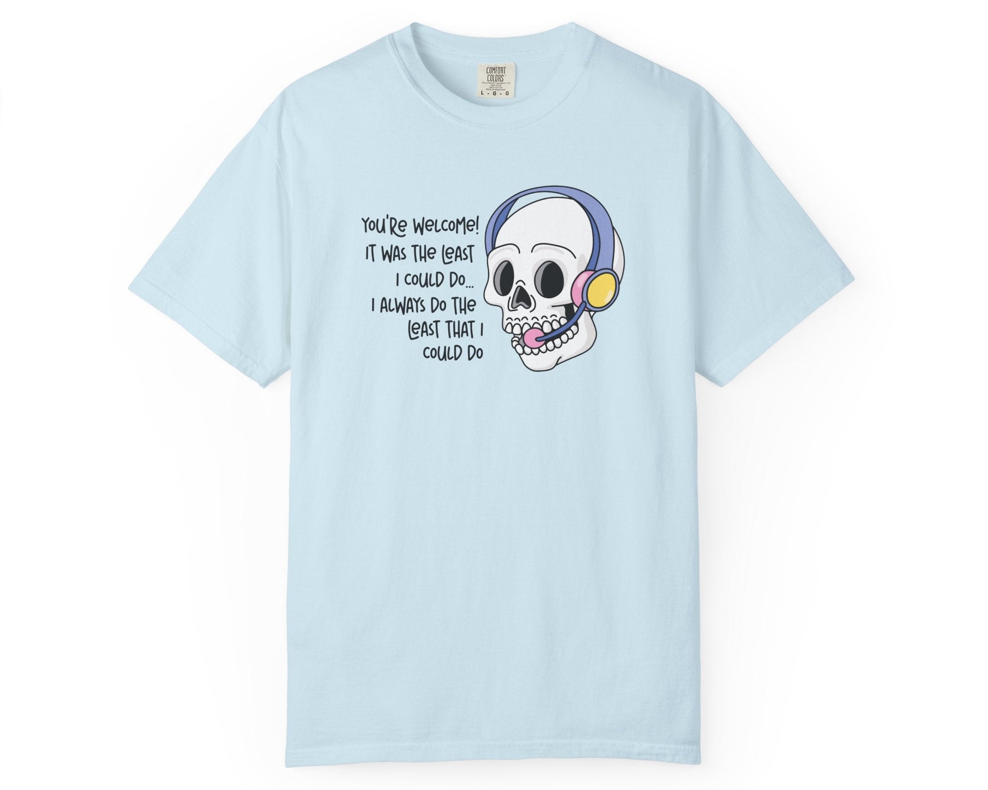 Light blue t-shirt with a skull graphic and text on a white background