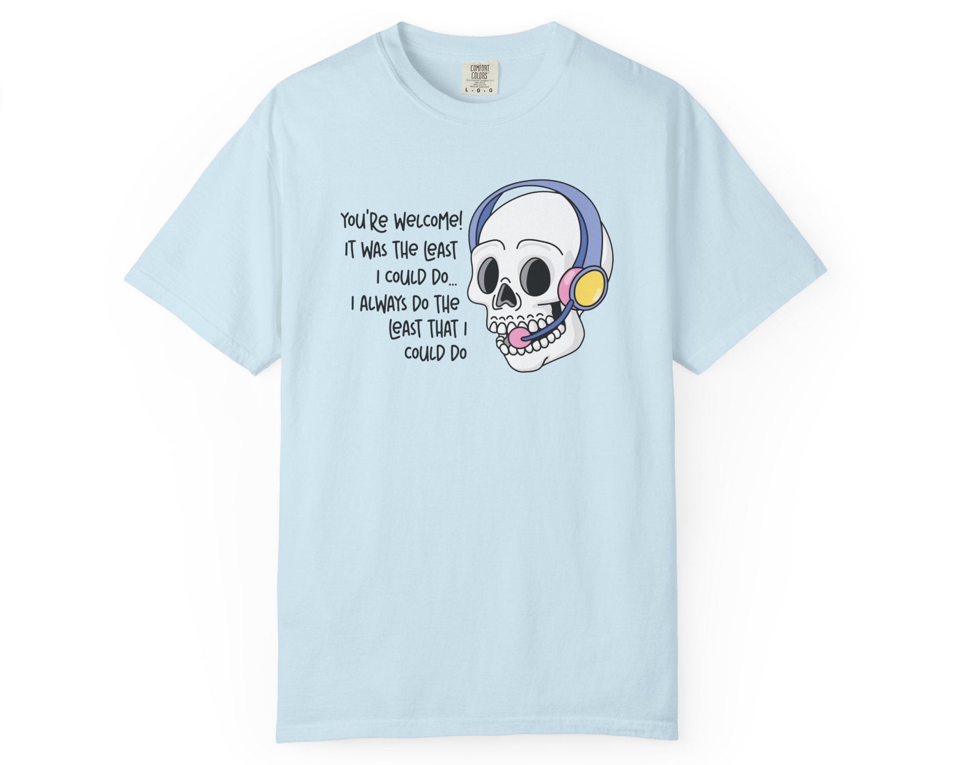 Light blue t-shirt with a skull graphic and text on a white background