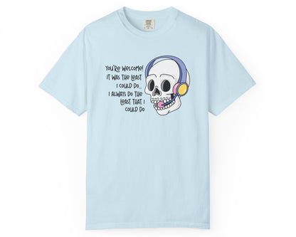 Light blue t-shirt with a skull graphic and text on a white background