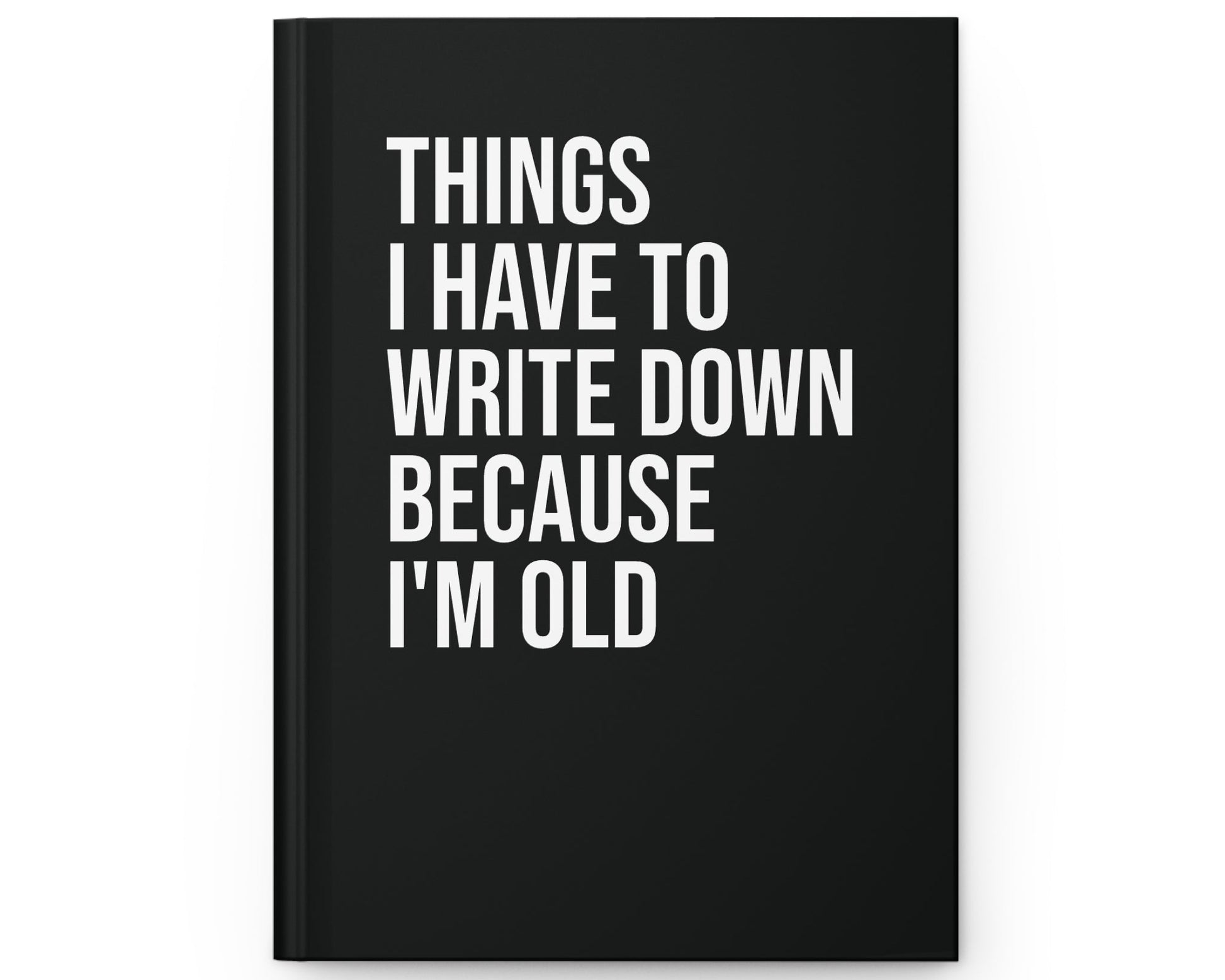 Black notebook with white text on a white background