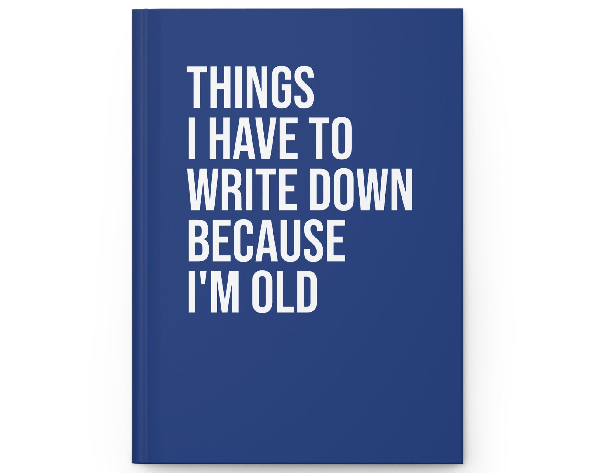 Blue notebook with white text on a white background