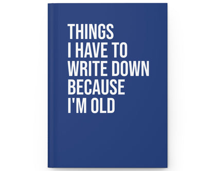 Blue notebook with white text on a white background