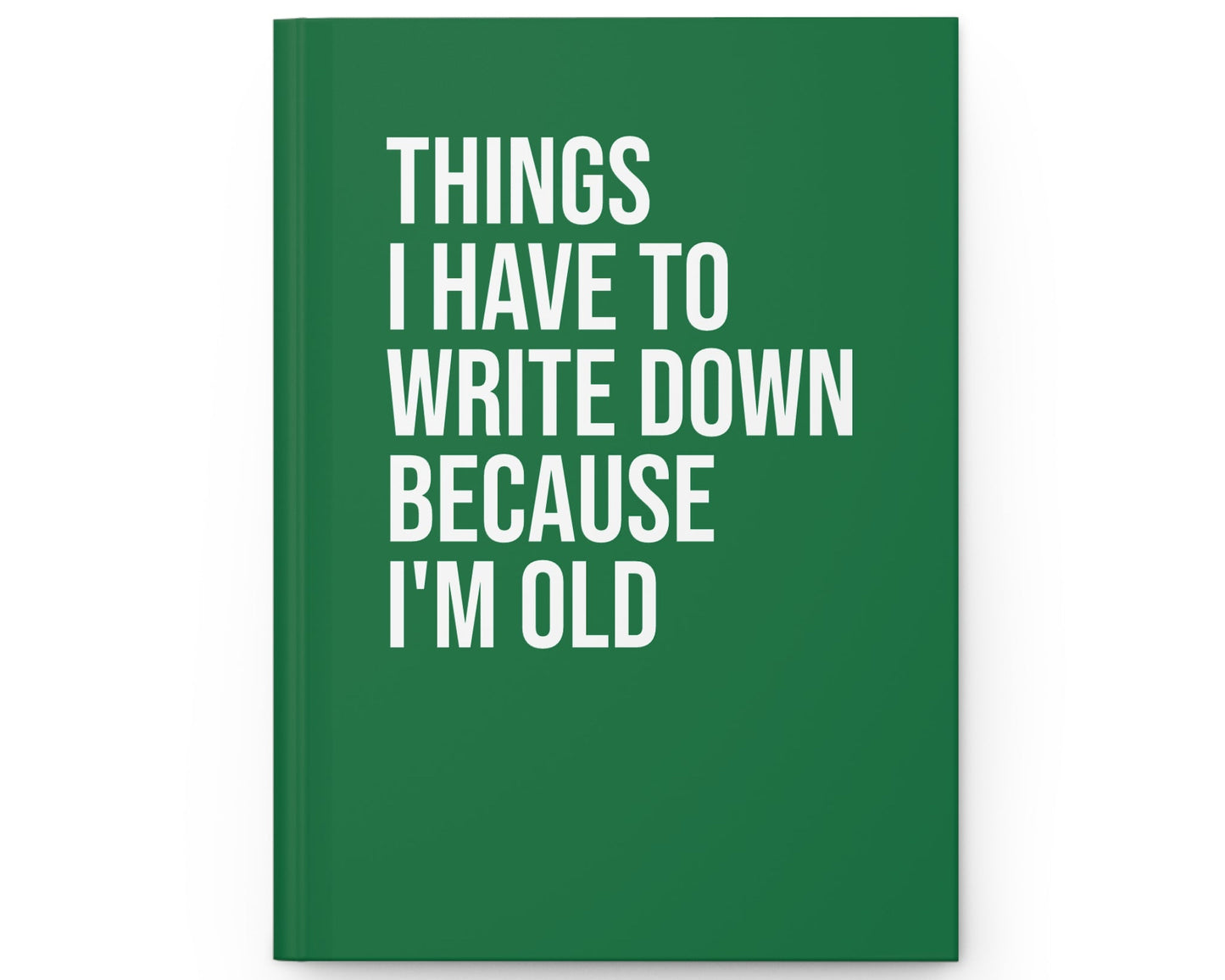 Green notebook with white text on a white background