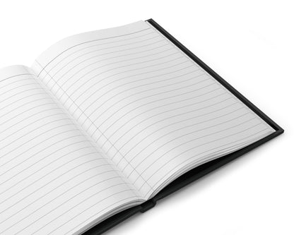 Open notebook with lined pages on a white background