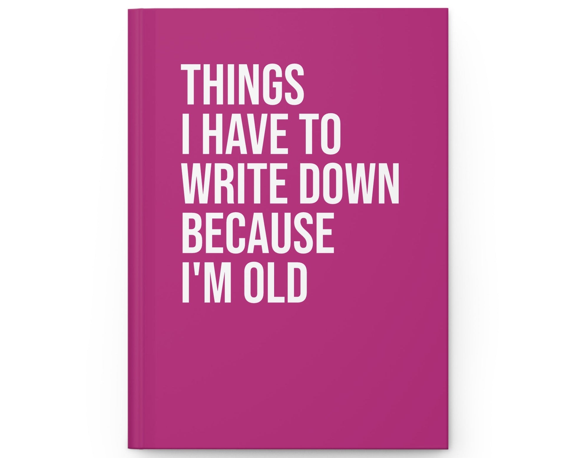 Pink notebook with white text on a white background