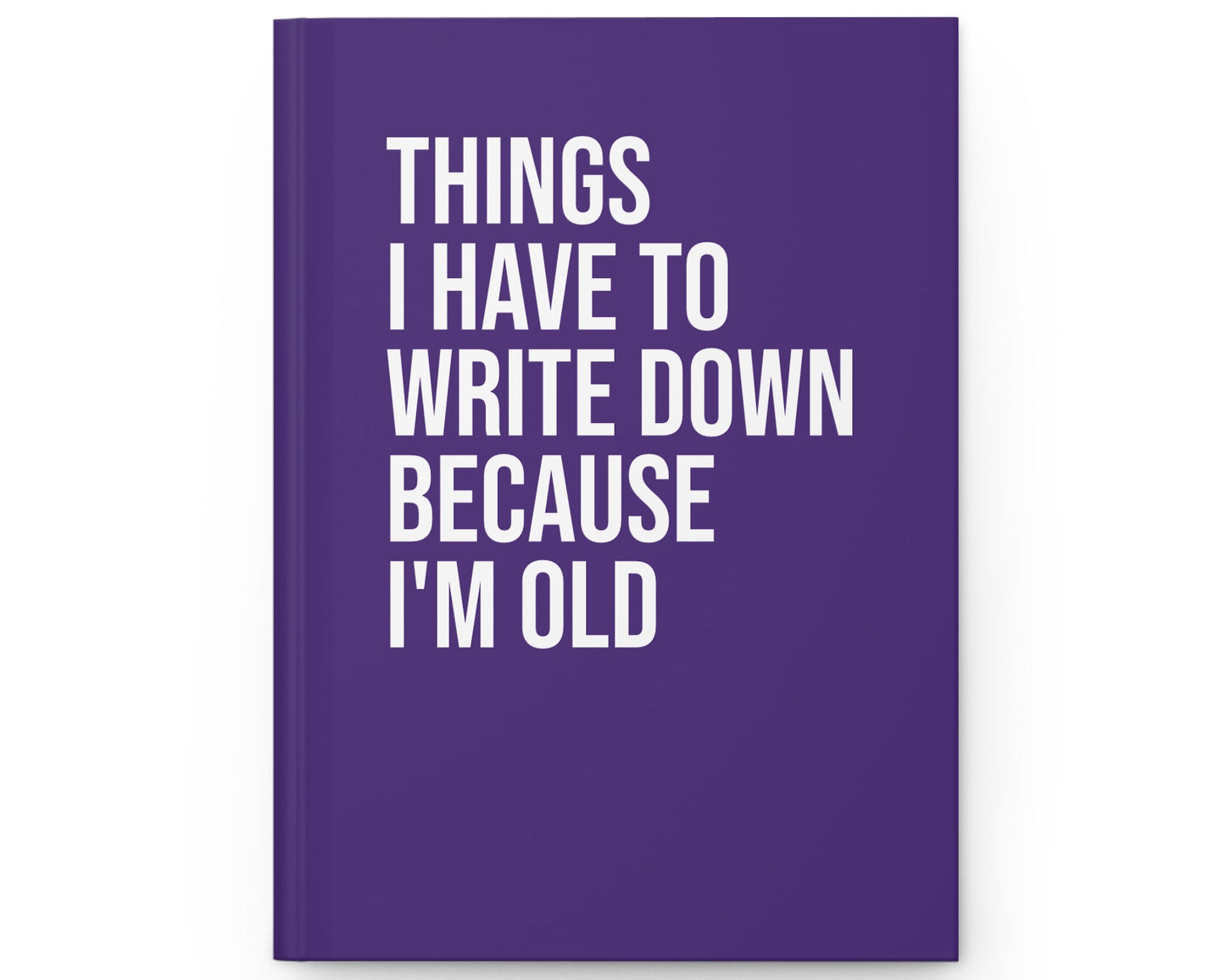 Purple notebook with white text on a white background