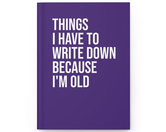 Purple notebook with white text on a white background