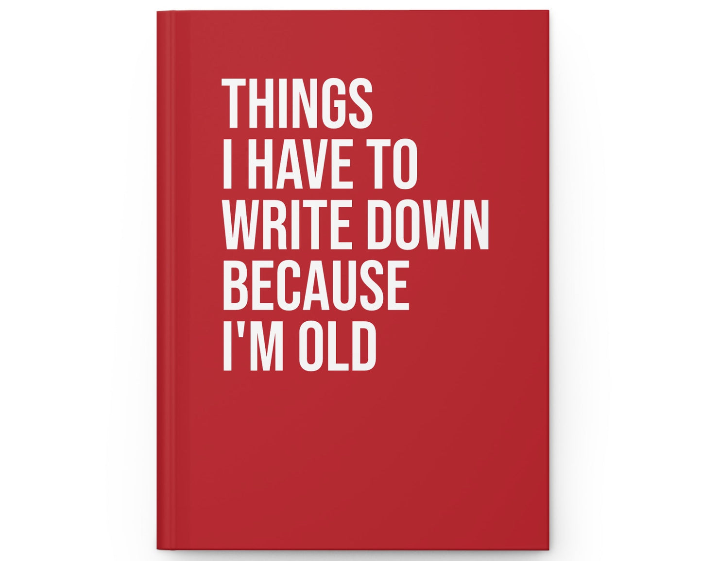 Red notebook with white text on a white background