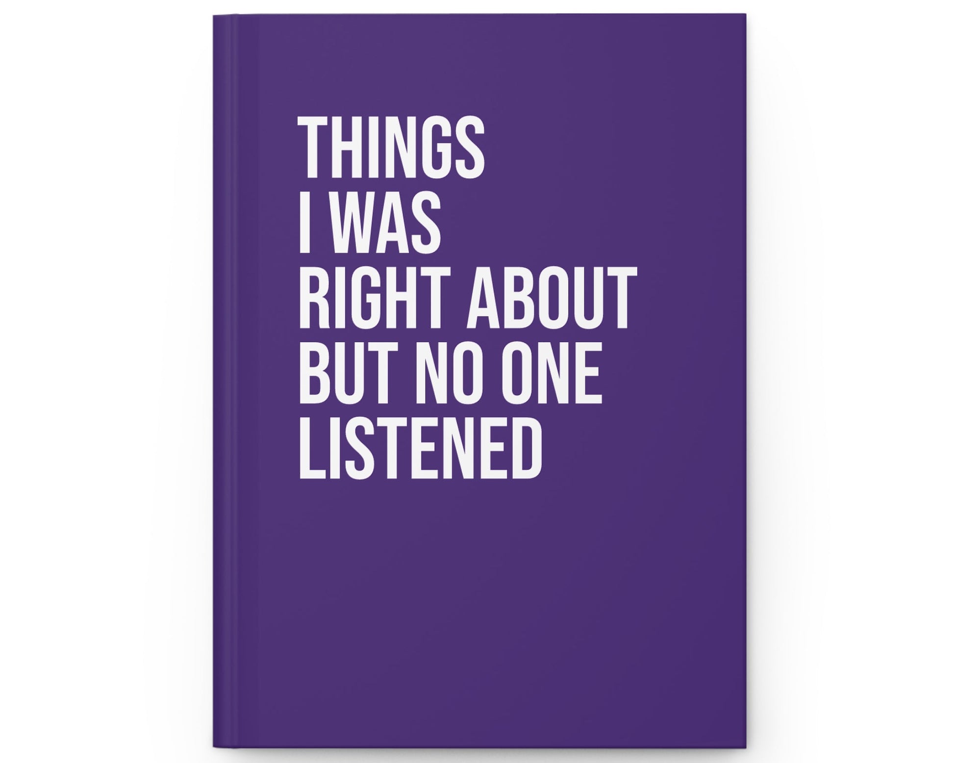 Purple notebook with white text on a white background