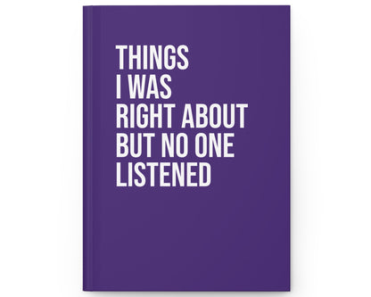 Purple notebook with white text on a white background