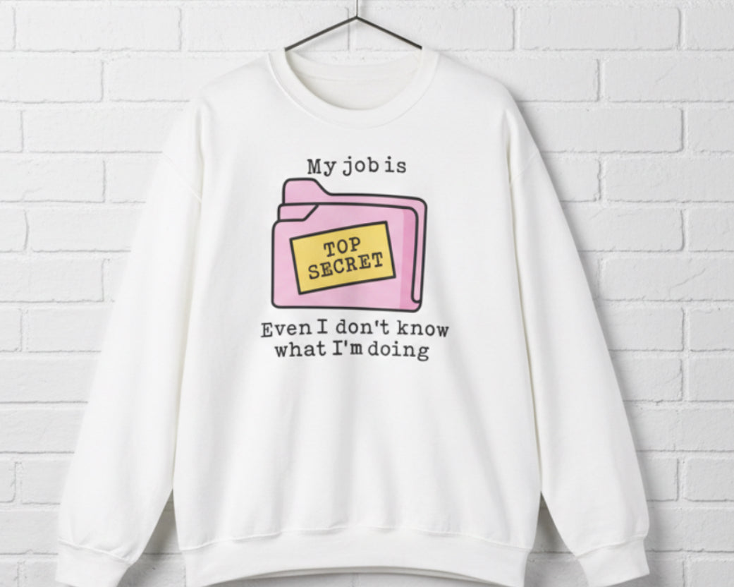 White sweatshirt with a graphic and text on a white background