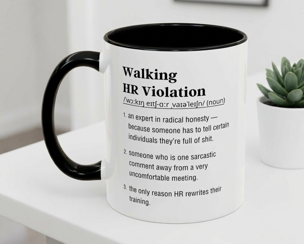 Mug with humorous definition text on a white surface with a plant in the background