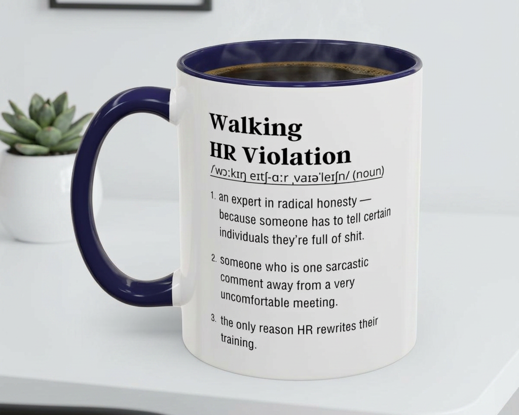 Mug with humorous definition text on a white surface with a plant in the background