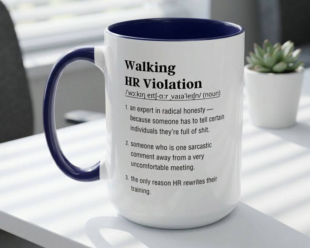 Mug with humorous definition text on a desk with a plant in the background