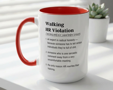Mug with red interior and handle, featuring a definition of 'Walking HR Violation' on a white surface.