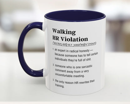 Mug with text definition of 'Walking HR Violation' on a blurred background